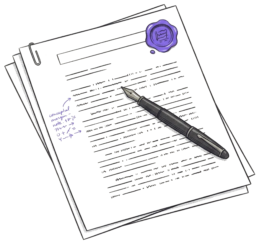 A finished legal opinion — pages with a wax seal, a fountain pen and a margin note