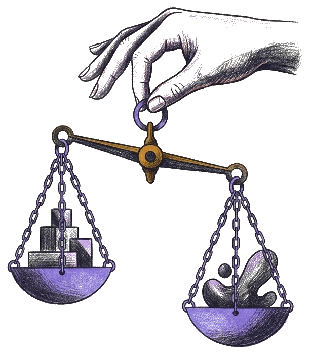 A hand weighing two structures on a balance
